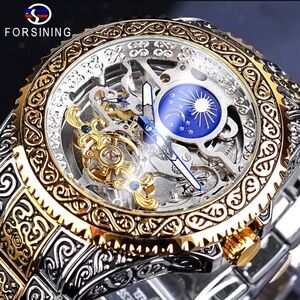 Forsining Skeleton Carved Tourbillon Mechanical Moon Dial Mens Watch waterproof